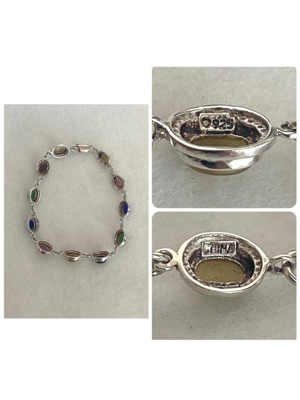 Sterling Silver 925 Multi Colored Oval Cats Eye Link Station Bracelet Sz 7.75" - Picture 9 of 16